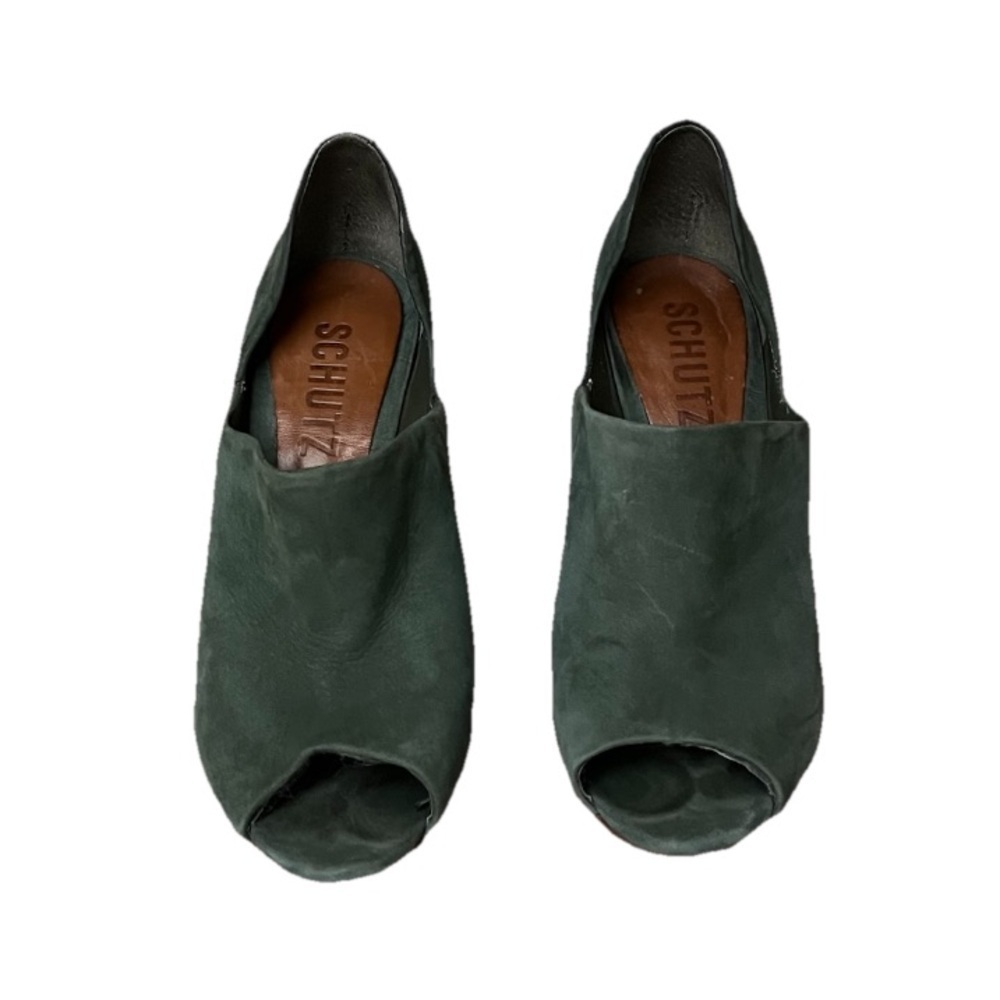 Schutz Green Suede D’Orsay Peep Toe Pumps 6B Women’s High Heel Classic Elegant - Picture 2 of 11